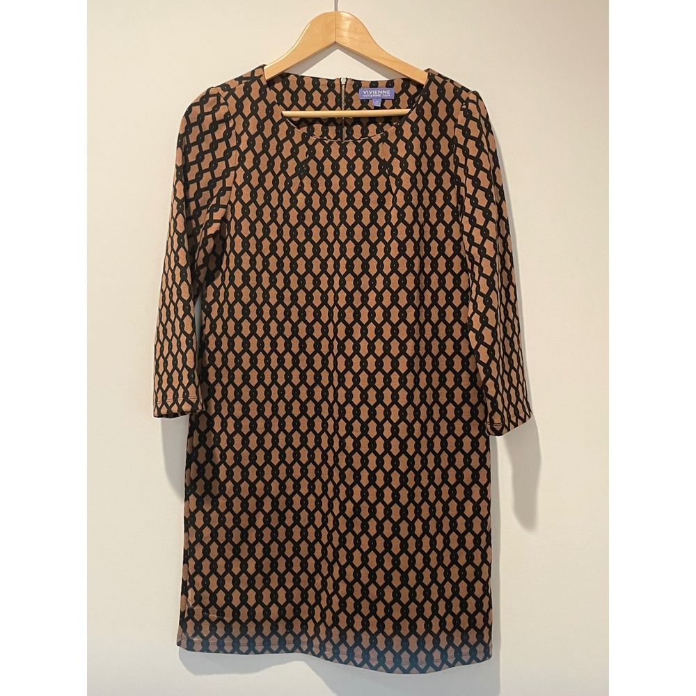Vivienne Tam‎ Women's Brown Black Geometric Print 3/4 Sleeve Career Dress